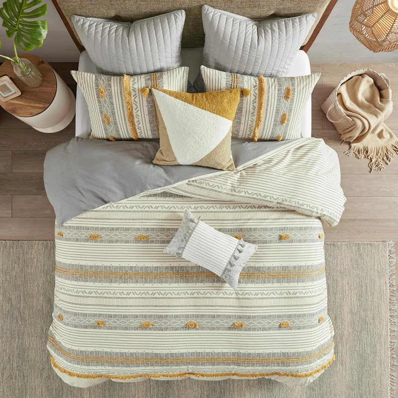 INK+IVY King Comforter Set, Chic Trims & Pompom Accent, Boho Comforters King, All Season, Lightweight Cotton Comforter King Bedding, 2 Shams, Cody, King/Cal King Gray/Yellow 3 Piece