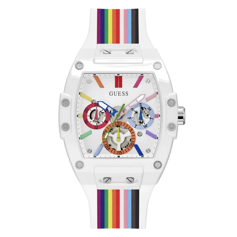 Guess Men's 41mm Watch - Rainbow Strap White Dial White Case, Rainbow, Modern - Image 1