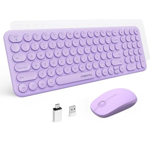 XTREMTEC Compact Size Wireless Keyboard and Mouse, Cute Retro Round Keycap - 2.4GHz Ultra-Slim Quiet Aesthetic Keyboard for Laptop iMac Windows Computer (Purple-Lavender)