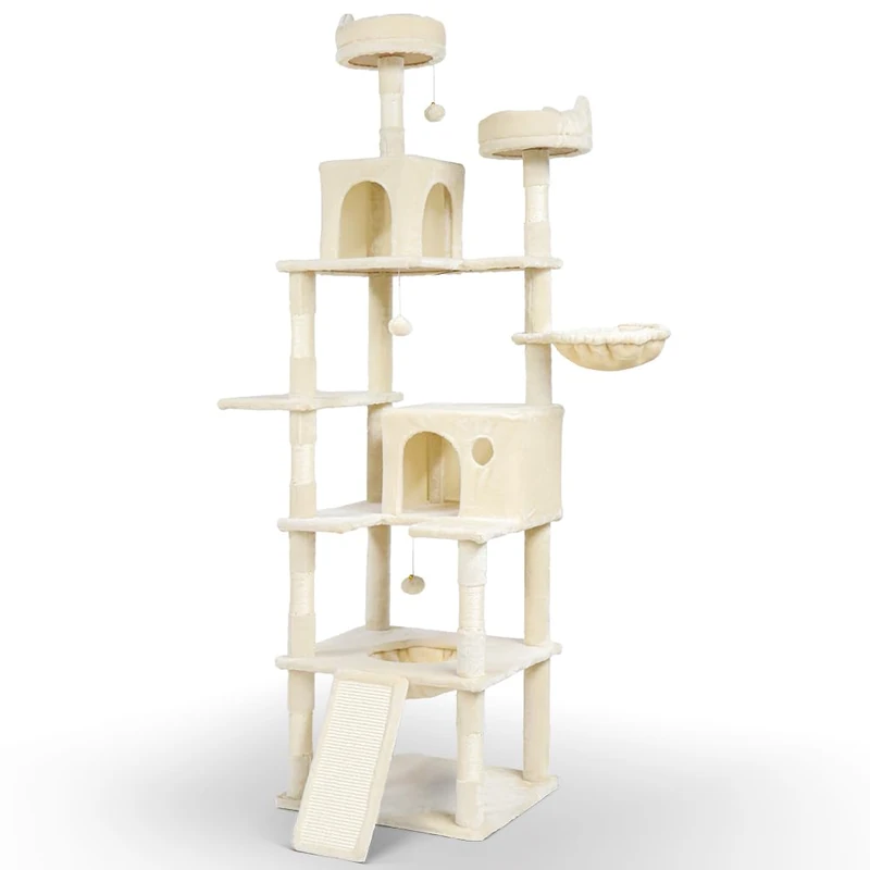 VOUNOT Large Cat Tree 215 cm Cat Tower with Scratching Posts, Multi-Level Cat Climbing Frame with 2 Condos, 3 Perches, Scratching Ramp and Dangling Balls, Cat Activity Centre for Indoor, Beige