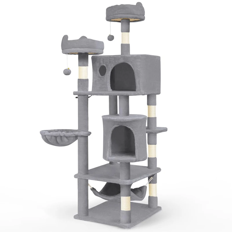 VOUNOT Large Cat Tree 168 cm Cat Tower with Scratching Posts, Multi-Level Cat Climbing Frame with 2 Condos, 3 Perches and Dangling Balls, Cat Activity Centre for Indoor, Grey