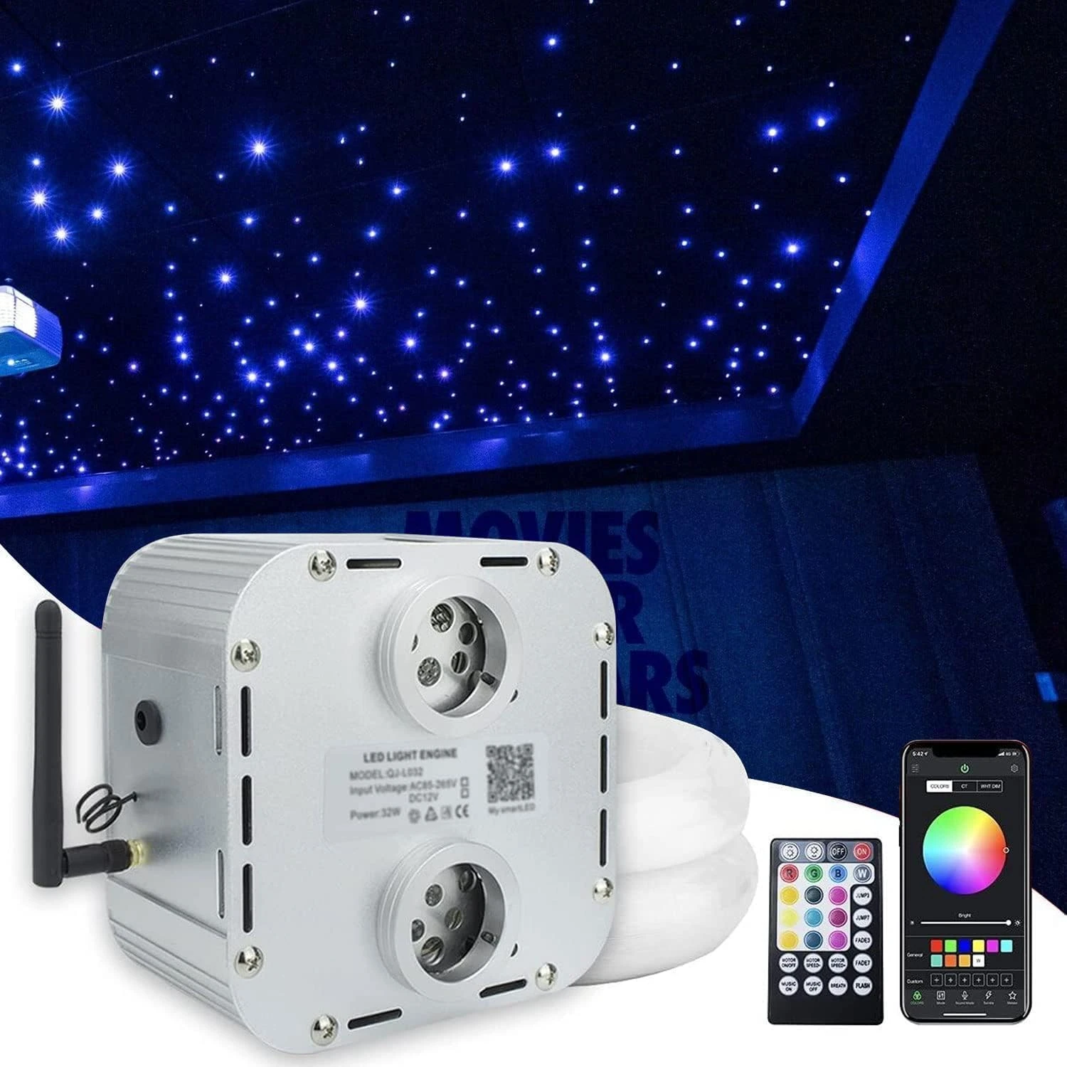 Callsky High Brightness Dual-Head 32W Twinkle Mixed 1110pcs*（0.03+0.04+0.06in）*16.4ft Fiber Optic Starlight Headliner Kits RGBW，Sound Activated APP/Remote Control for Home Car Ceiling Headliner Décor