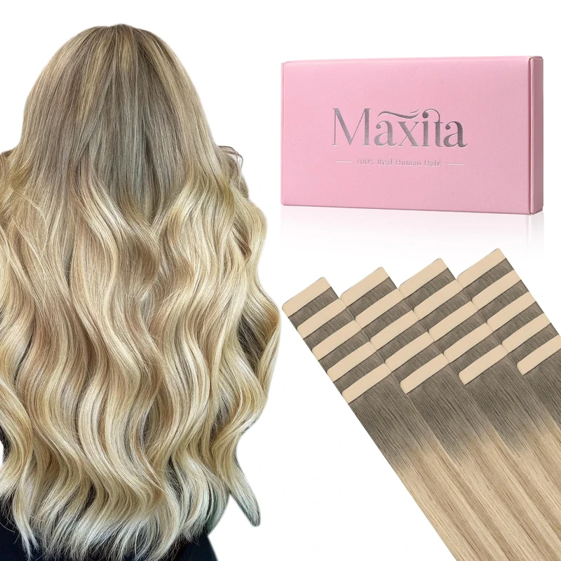 MAXITA Tape-In Extensions - 100% Human Hair, Ash to Blonde, 24in