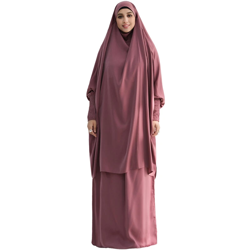 Zofocy Muslim Women Abaya Two Pieces Set Prayer Dress Elasticated Sleeves Islamic Robe Modest Full Cover Prayer Clothes, Purple, One Size