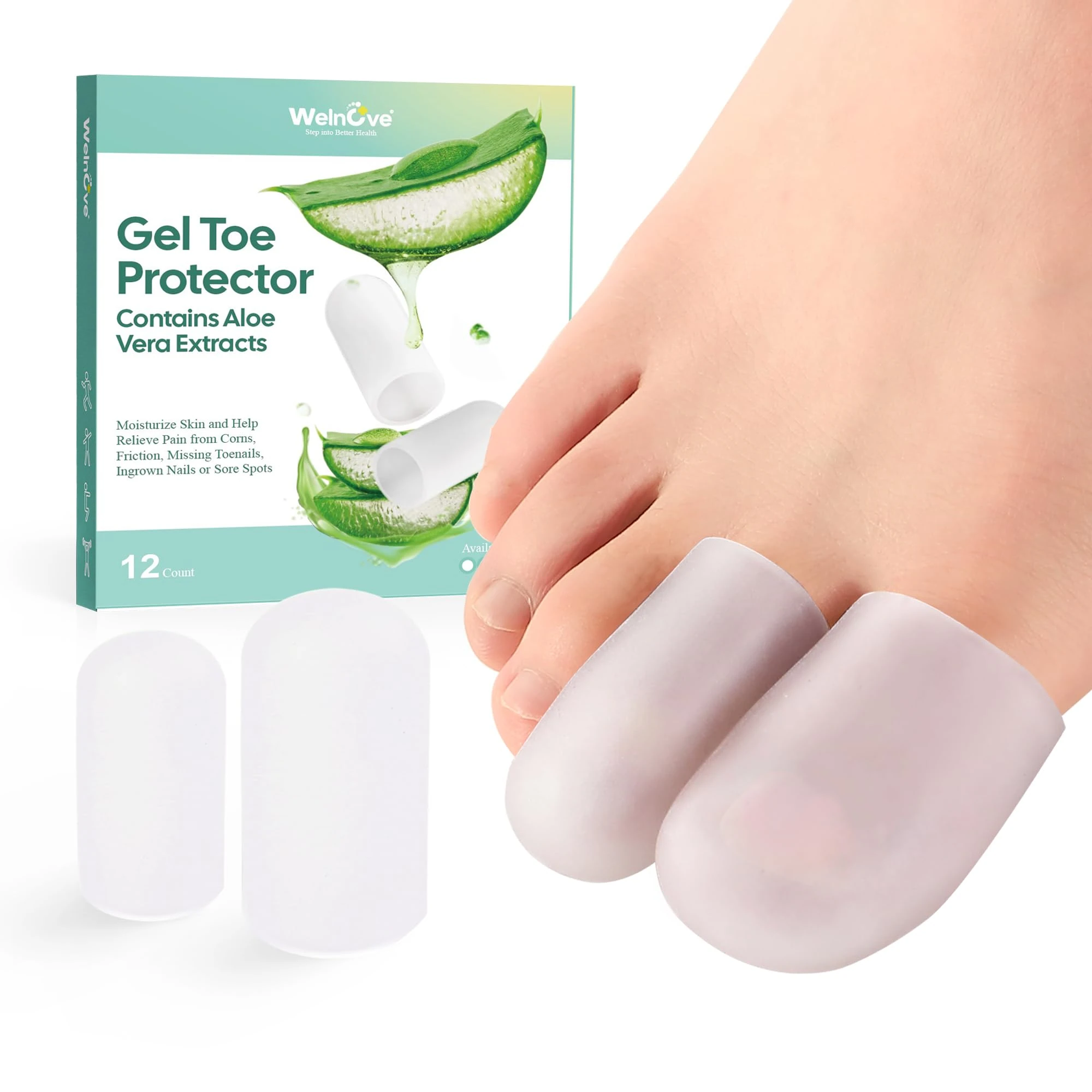 12 Pcs Gel Toe Protector - Welnove Big Toe Cap - Relief for Missing or Ingrown Toenails, Corns, Calluses, Blisters, Hammer Toes, Reduce Friction, Protect Big Toe (4L + 8M, Clear)