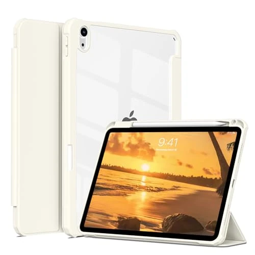ZKTUYU Case for iPad 11th/10th Generation (A16 2025/2022）11 inch/10.9 inch with Pen Holder, Clear Transparent Back Shell Trifold Protective Case, Auto Wake/Sleep, Cream White1