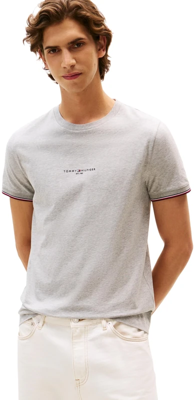 Tommy Hilfiger Men’s Short Sleeve Round Neck Logo Tipped T-Shirt, Grey (Light Grey Heather), L
