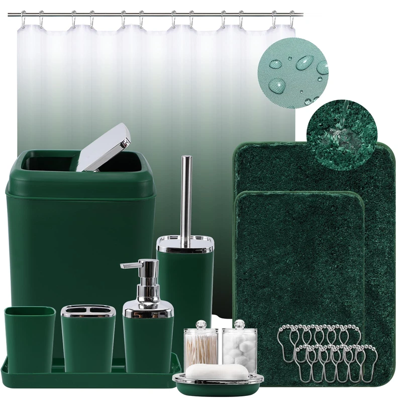 XLHOMO Dark Green Bathroom Accessories Set with Ombre Shower Curtain and Non-Slip Bath Rugs,24PC Sets Trash Can, Toothbrush Holder, Cup, Soap Dispenser, Tray, Dish, Toilet Brush, Qtip Holder
