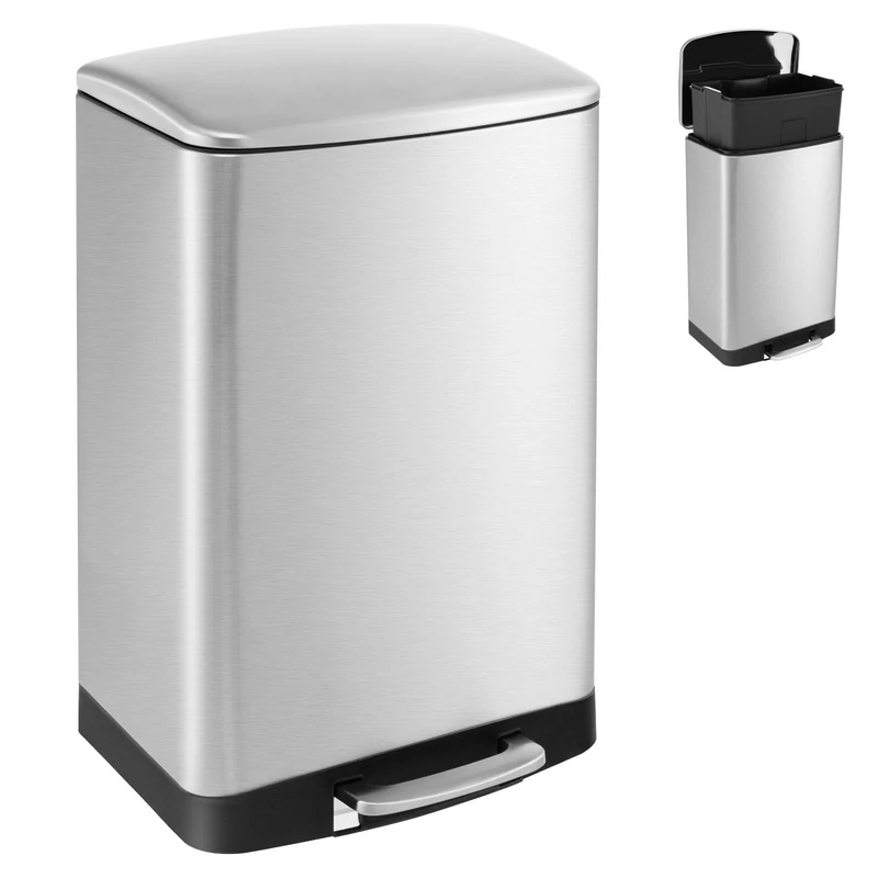 GiantexUK 50L Recycling Kitchen Bin, Heavy Duty Stainless Steel Trash Can with Silent Soft Close Lid, Removable Bucket, Handle & Non-Slip Foot Pads, Fingerprint-Proof Garbage Rubbish Bin for Home