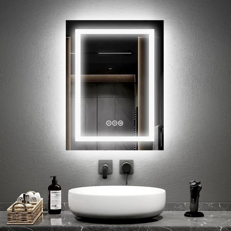 EMKE Backlit Bathroom Mirror with Dual Lights - Bathroom Led Mirror with Touch, Demister Pad and Dimmable Lights & 3 Colors, Double Lighting Vanity Mirror with Memory Function, 450 x 600mm