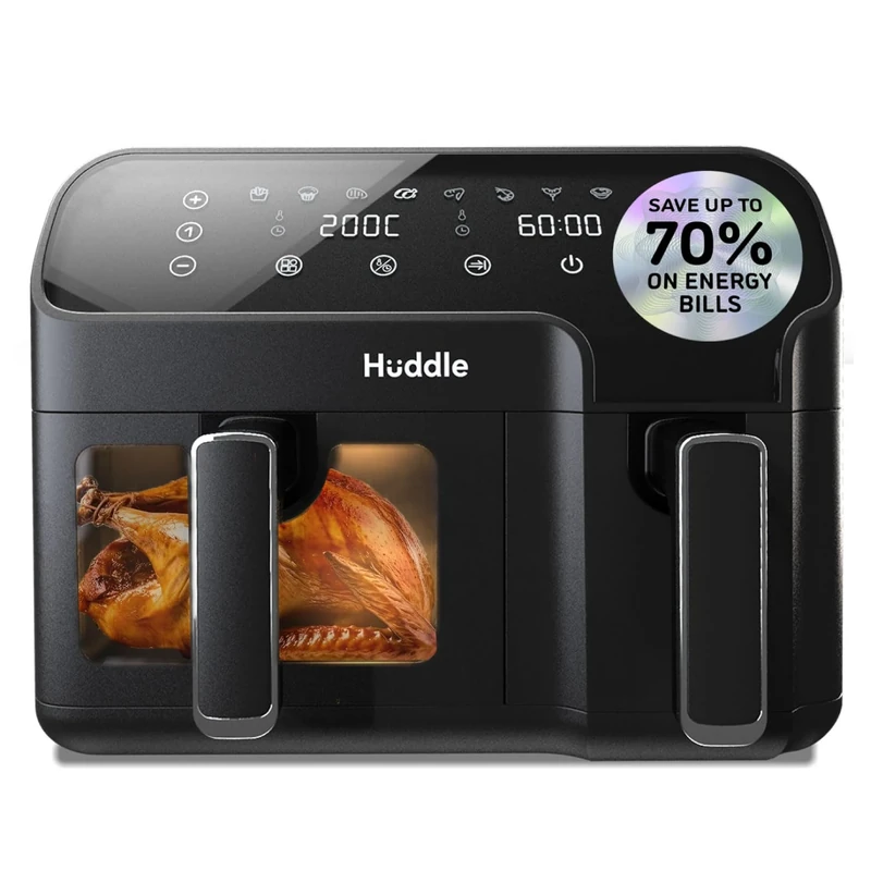Huddle® 8.5L Premium Dual Basket Air Fryer - 1 Year Cover - Save on your Annual Energy Bill - UK Design with Innovative Match Cooking Technology™ - Faster, Cheaper, Oil Free Cooking