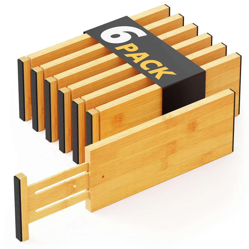 SpaceAid WIAONE Bamboo Dresser Drawer Dividers 6 Pack, 4.65“ High Adjustable 12.5“-17” Drawer Organizers, Expandable Organization for Clothing, Clothes, Dressers, Natural