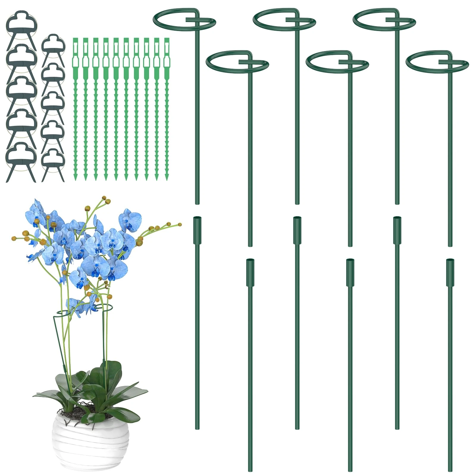 Hanotic 6Pcs Plant Support Stakes, 30cm, 60cm,90cm Adjustable Garden Single Stem Metal Plant Support Rings, with 10 Orchid Clips and Twistties for Peonies Tomatos