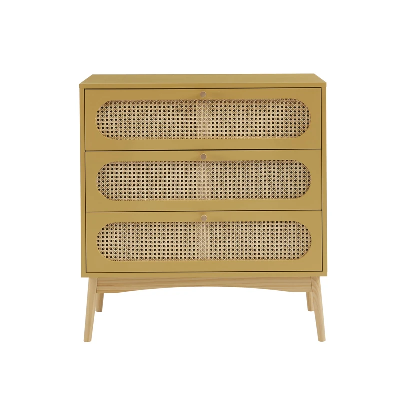 BAÏTA SIXTINE Chest of Drawers Saffron Yellow and Rattan Cane 3 Drawers