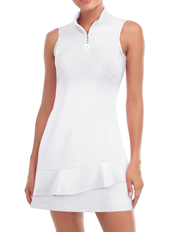 Viracy Tennis Dress for Women Sleeveless Golf Dresses with Shorts and Pockets Ruffle Zip Up Stand Collar Golf Outfits, Solid White, L