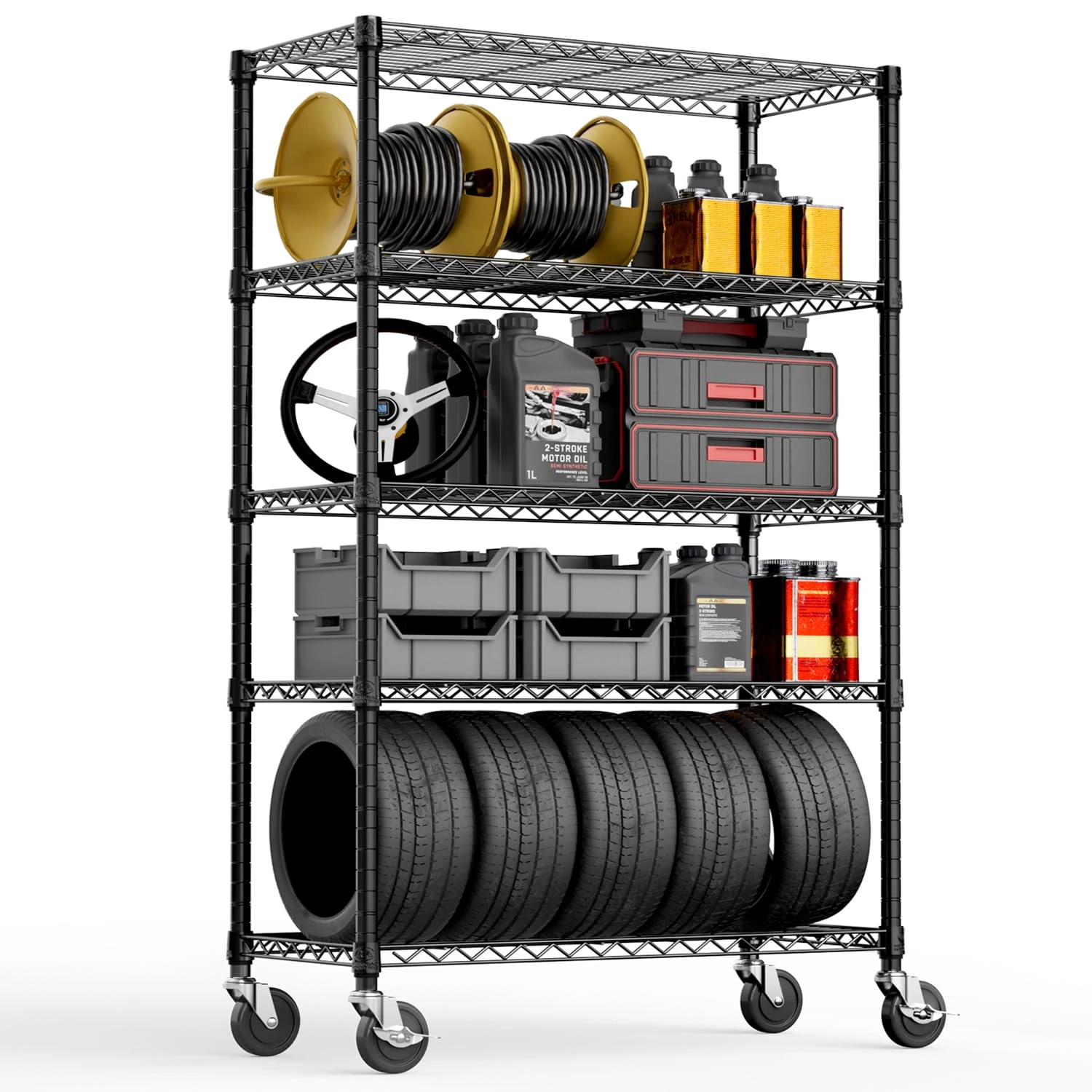 M MZG Steel Storage Shelving 5-Tier Utility Shelving Unit with Wheels, Steel Organizer Wire Rack for Home,Kitchen,Office,Garage, 45 x 120 x 195 cm