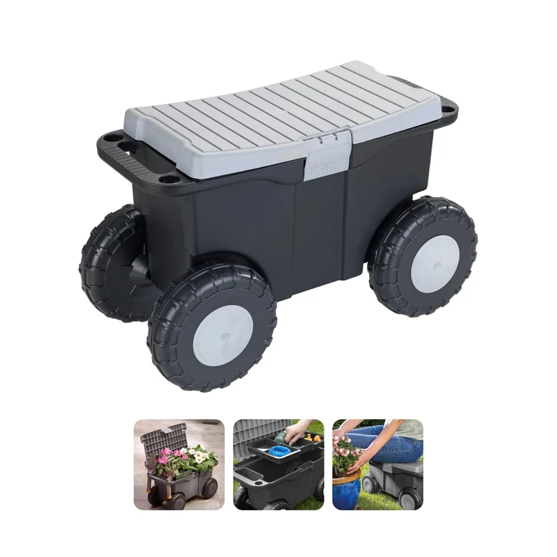 Avilia Garden trolley with Wheels and seat, Metal Plastic, Black, ND