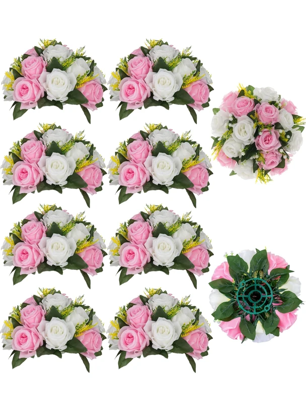 BLOSMON Flower Balls Rose Centerpieces: 10 Pcs Pink White Fake Flowers Kissing Balls Decor Artificial Wedding Floral Arrangements Silk Flower Bouquet with Base Home Party Room Table DIY Decorations