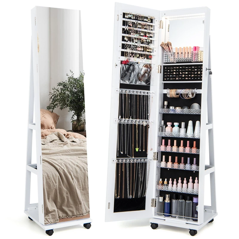 RELAX4LIFE 360° Swivel Jewellery Cabinet, 3 in 1 Standing Lockable Jewelry Armoire with Full-Length Mirror, 3-Color LED Lights, Storage Shelves & 4 Wheels, Mobile Jewellery Organiser (White)