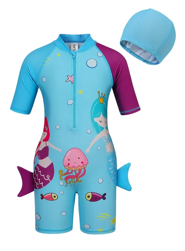 AmzBarley Girls Swimming Costume 1 Piece UV Protection Swimsuit Kids Childs Mermaid Rash Guard Short Sleeve Swimwear Beach Holiday Swim Wear with Cap Blue 1-2 Years 3