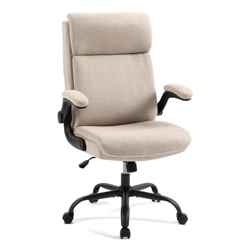CASTLOVE Ergonomic Office Chair Computer Chair Executive Office Chair with Flip Up Armrest High Back Rocking Function Height Adjustable Comfortable Desk Chair for Home Office Fabric Cream