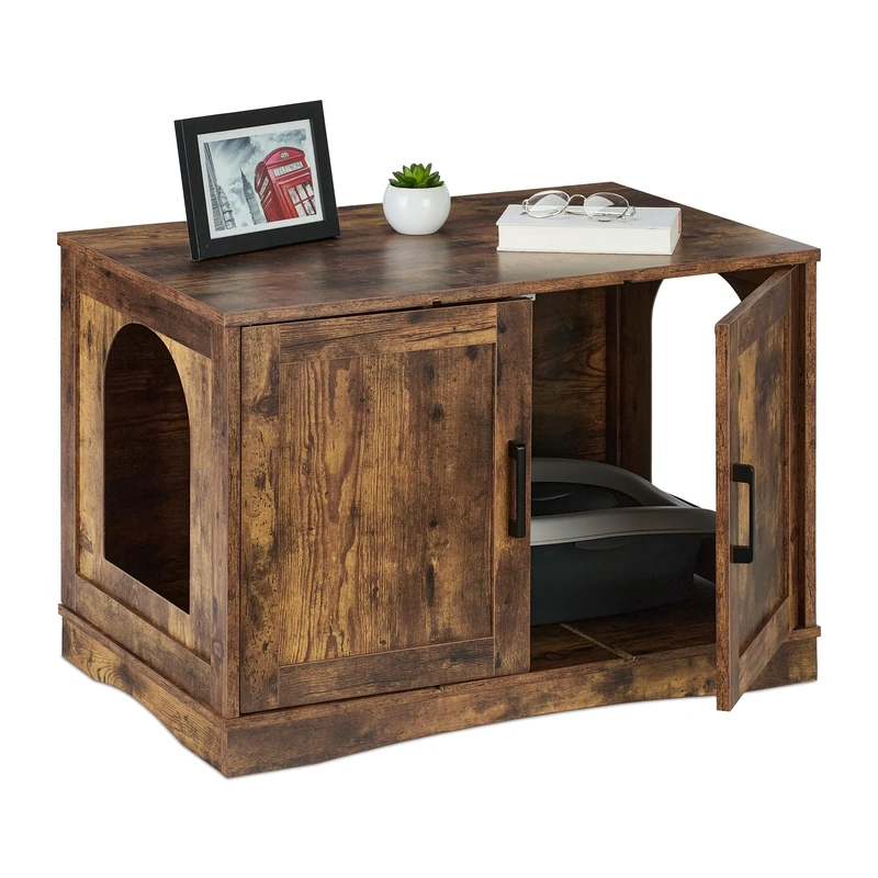 Relaxdays Cat Cabinet for Litter Tray, Separate Partition, 2 Entrances, Industrial Design, HWD: 50 x 75.5 x 50 cm, Brown, Fibreboard