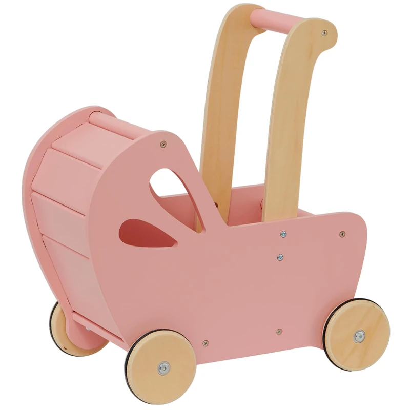 Moover Essential Dolls Pram for Toddlers, Assembly Required, Made in Denmark from MDF, Push Along Toy, 18 Months +, 44 x 41 x 24 cm, Coral Pink and Natural Wood
