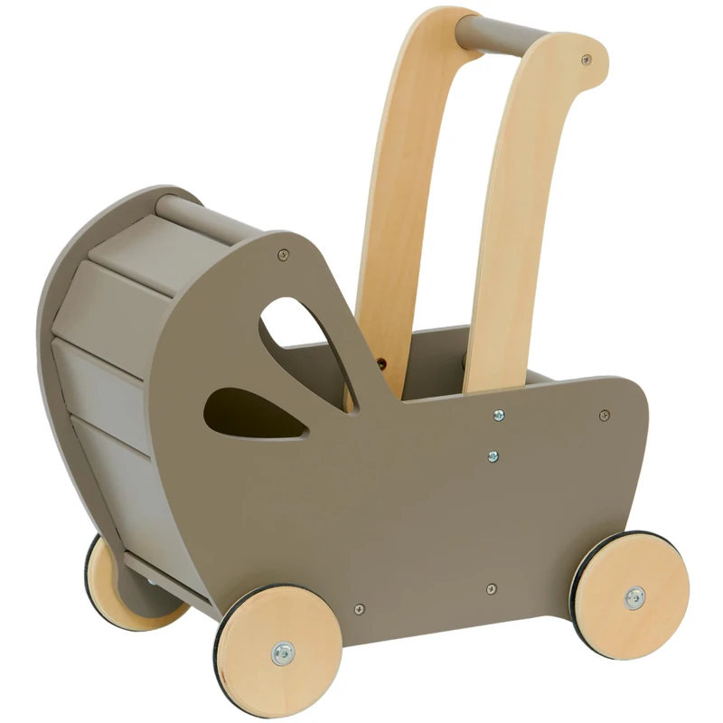 Moover Essential Dolls Pram for Toddlers, Assembly Required, Designed in Denmark from MDF, Push Along Toy, 18 Months +, 44 x 41 x 24 cm, Grey and Natural Wood