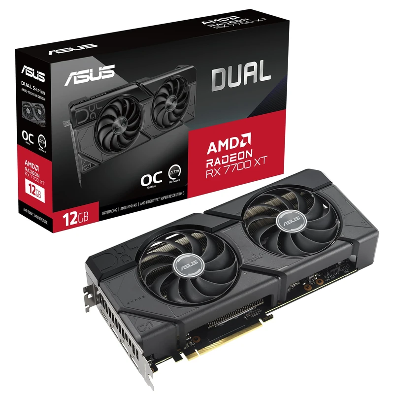ASUS DUAL RX7700 XT OC, PCIe4, 12GB DDR6, HDMI, 3 DP, 2599MHz Clock, Overclocked