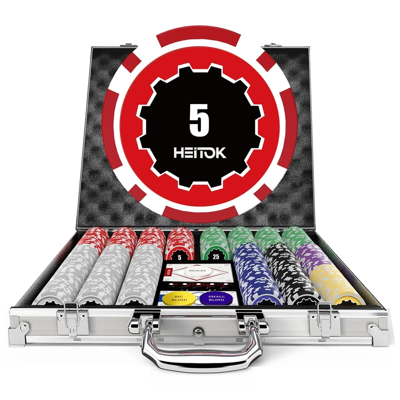HEITOK 500 Piece Poker Chip Set 11.5g Heavyweight Numbered Chips With Aluminium Case Playing Cards Blind Buttons And Dice For Texas Holdem Blackjack Casino Night