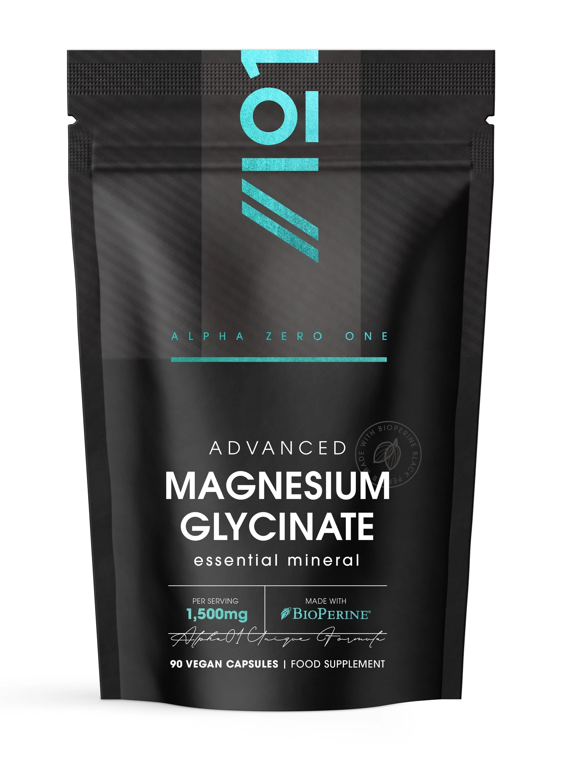 Magnesium Glycinate 1500mg with BioPerine® – Supports The Nervous System - Reduces Tiredness and Fatigue - 90 Vegan Capsules (45 Days Supply) - Resealable and Recyclable Pouch - by Alpha01