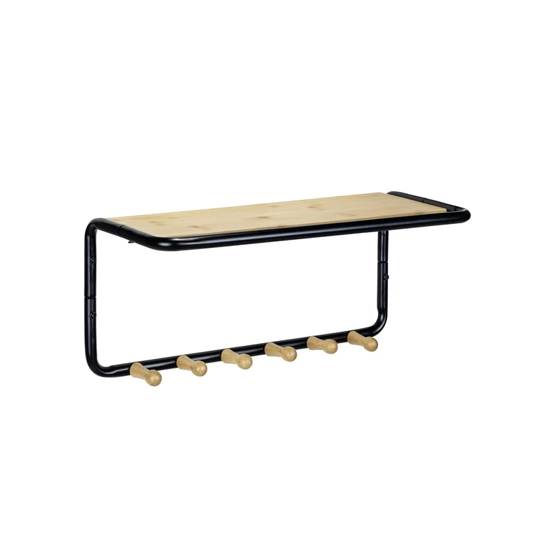 Avilia Wall Coat Rack with Shelf - Wall Coat Rack with Hooks and Storage Shelf, Bamboo and Metal, 58 x 26 x 26 cm, Black and Brown