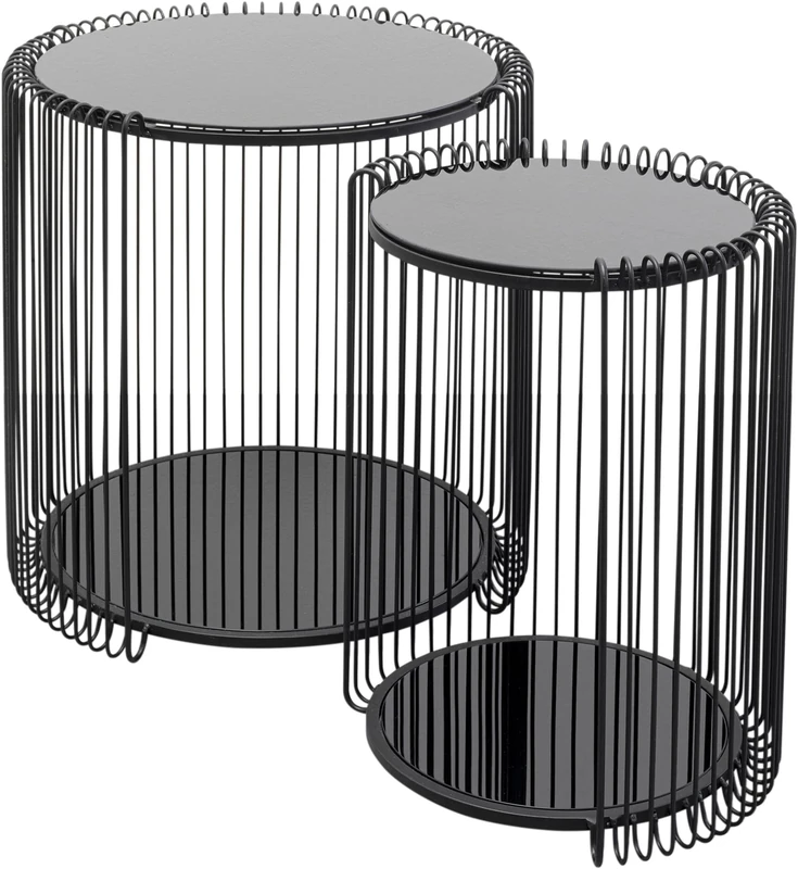 Kare Design Side Table Wire Double, Black, Set of 2, Modern, Steel, Glass, Gift Idea, Sofa, Round Bedside Table, Room Decor, Home Decor, Living Room, Office, 46x45x45 cm, 43x33x33 cm (H/W/D)