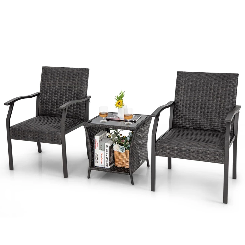 RELAX4LIFE 3 PCS Rattan Garden Furniture Set, Outdoor Bistro Set with 2 Tier Tempered Glass Table & Padded Seat, Wicker Patio Conservatory Table and Chairs Set for Porch Yard Balcony - Image 1