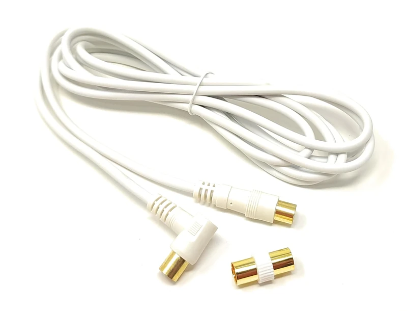 3m TV Aerial Coaxial Cable Male to Male, Satellite RF Antenna Coax RG59 Lead Gold Plated Connectors with Female Coupler (Right Angled, White)