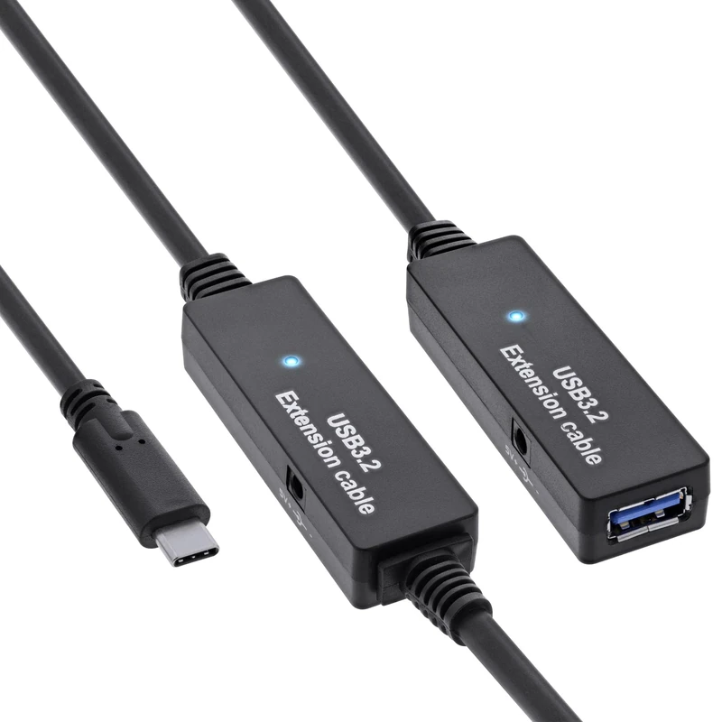 InLine USB 3.2 Gen.1 Active Extension, USB-C Male to USB-A Female, Reaper Cable with Signal Amplification, Long Distances, for Hard Drives, Printers, Webcams, Keyboards and More, 15m, 35656D
