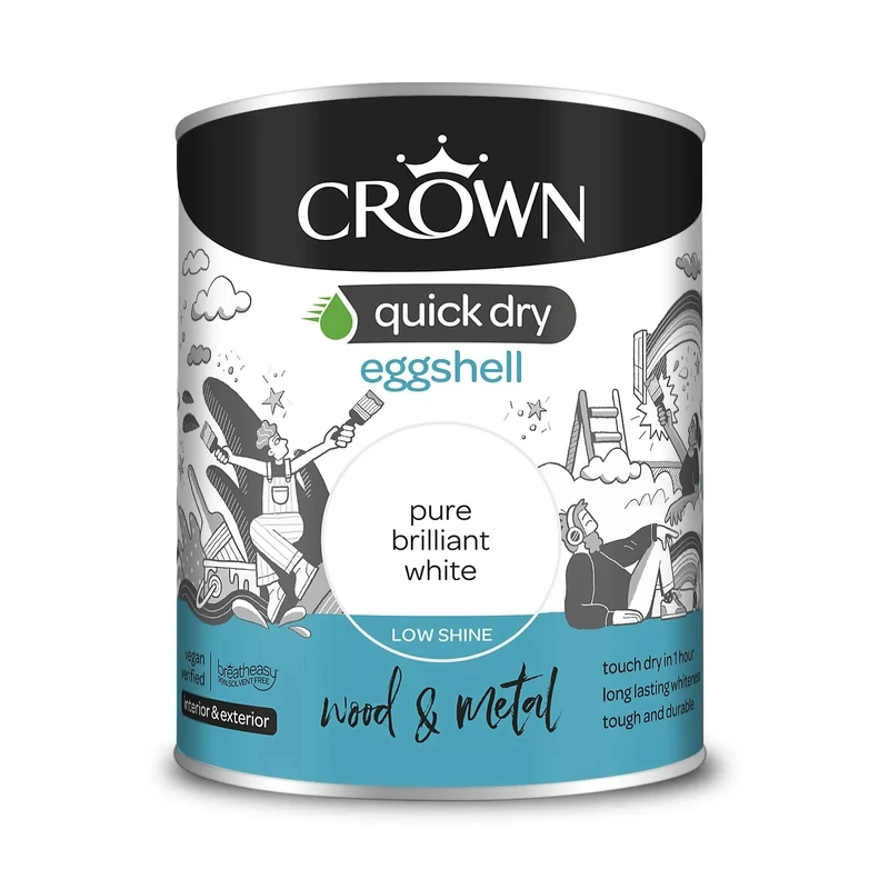 Crown Quick Dry Eggshell Paint Brilliant White 750ml, Wood, Metal, Int/Ext