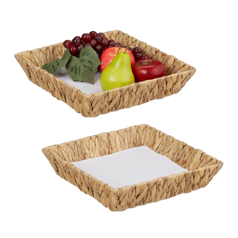 Relaxdays Fruit Bowl, Set of 2, Made from Water Hyacinth, Woven Design, Boho-style Table Decor, Square Basket, Natural, Cotton, 7 x 30 x 30 cm