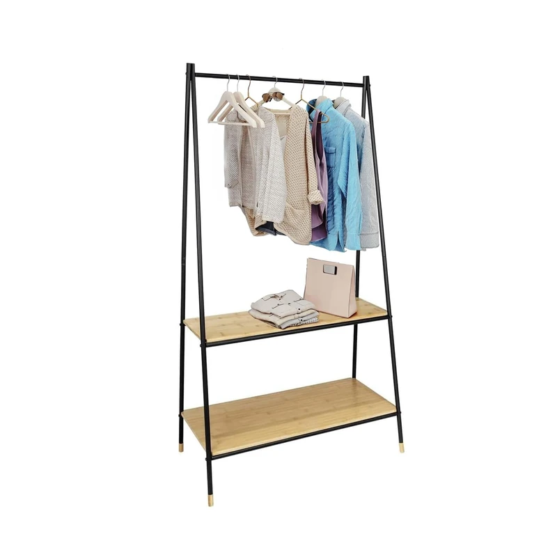 Avilia Self Standing Coat Rack with 2 Shelves for Shoes and Hats – Floor Coat Rack with 2 Shelves for Entrance, Bamboo, 90 x 167 x 42 cm, Brown and Black - Image 1