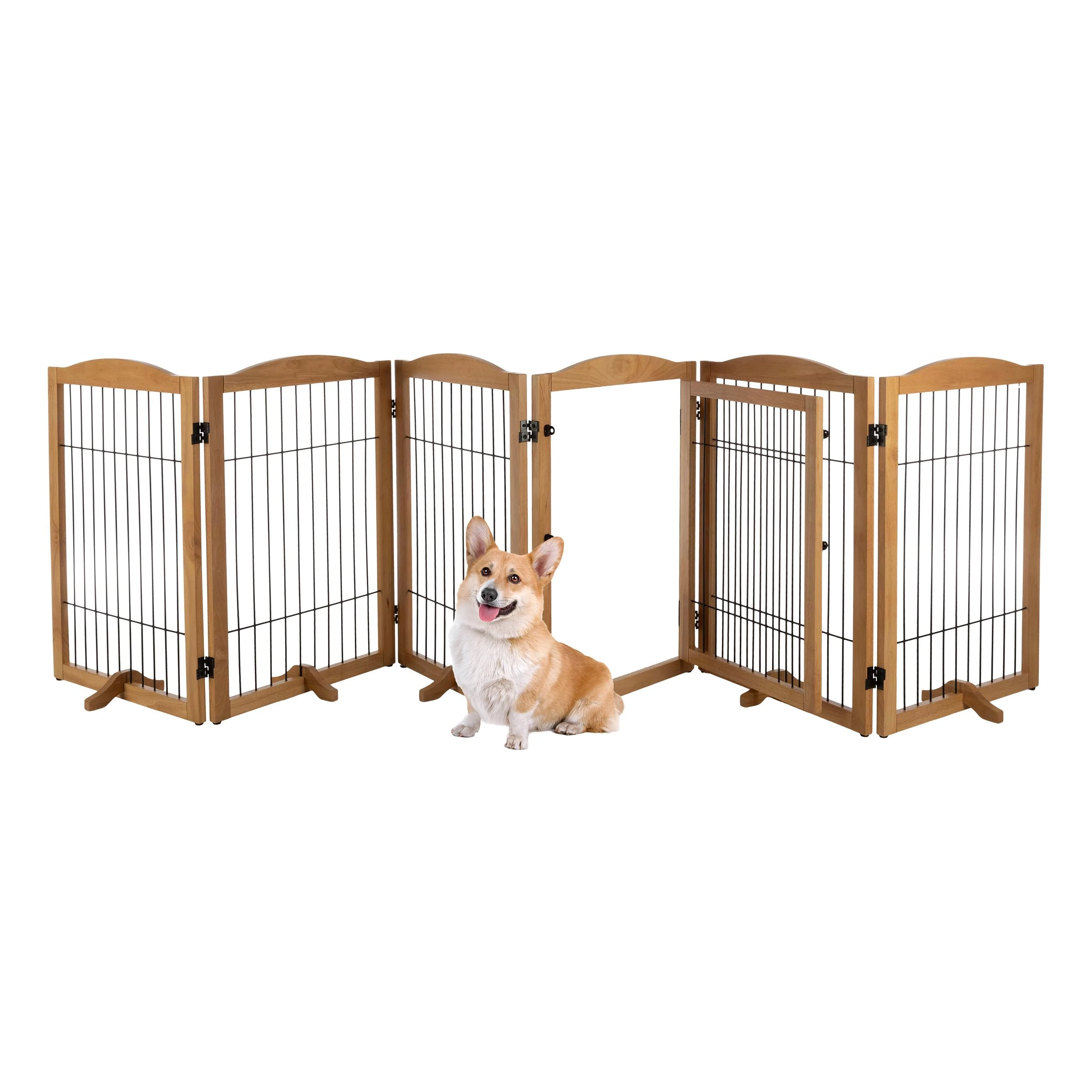 Dog Gate - Foldable Indoor Pet Fence with Support Feet and Lockable - 133x32in Extra Wide Freestanding Panel for Stairs or Doorways by PETMAKER (Natural)
