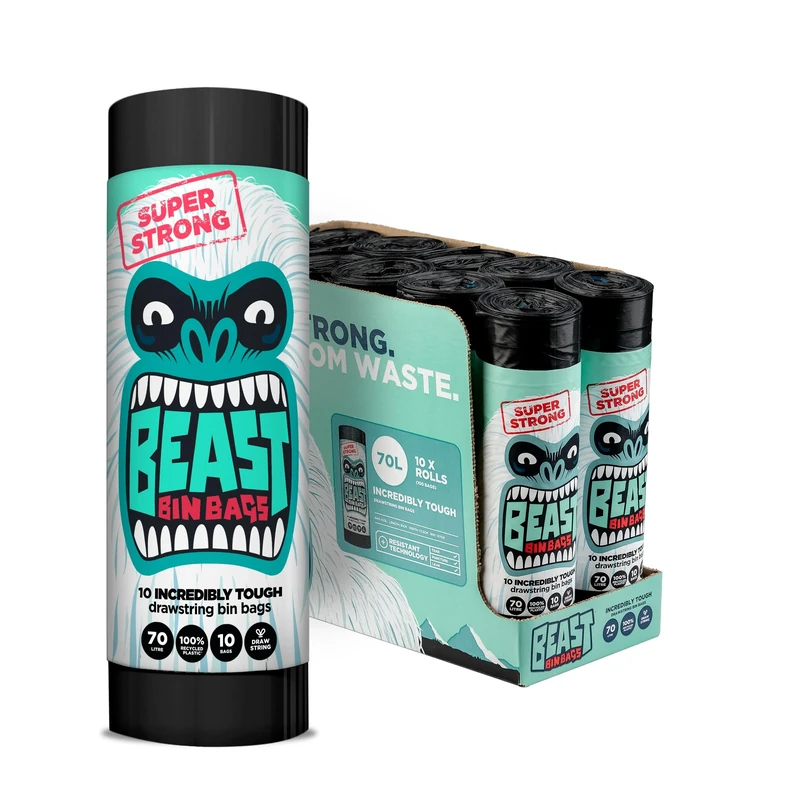 BEAST BIN BAGS, 10 Rolls of 10 x 70 Litre Bags (Total 100 Bags) - Made From 100% Recycled LLDPE - Incredibly Strong Drawstring Black Bin Bags