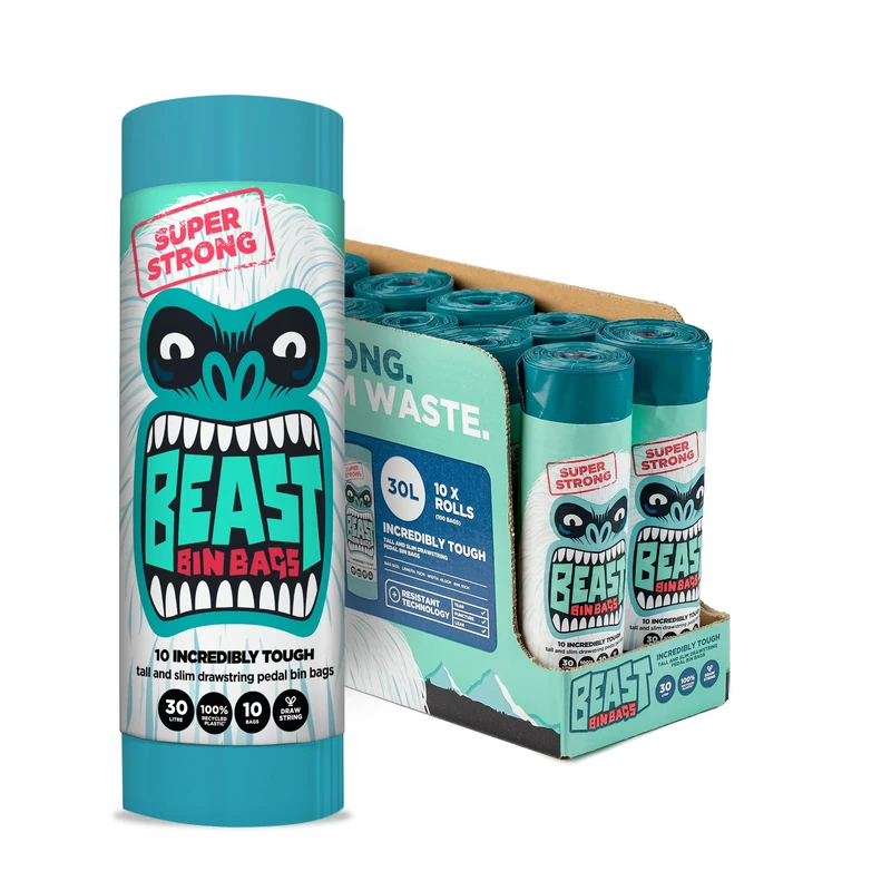 BEAST BIN BAGS, 10 Rolls of 10 x 30 Litre Bags (Total 100 Bags) - Made From 100% Recycled LLDPE - Incredibly Strong, Tall and Slim Drawstring Pedal Blue Bin Bags