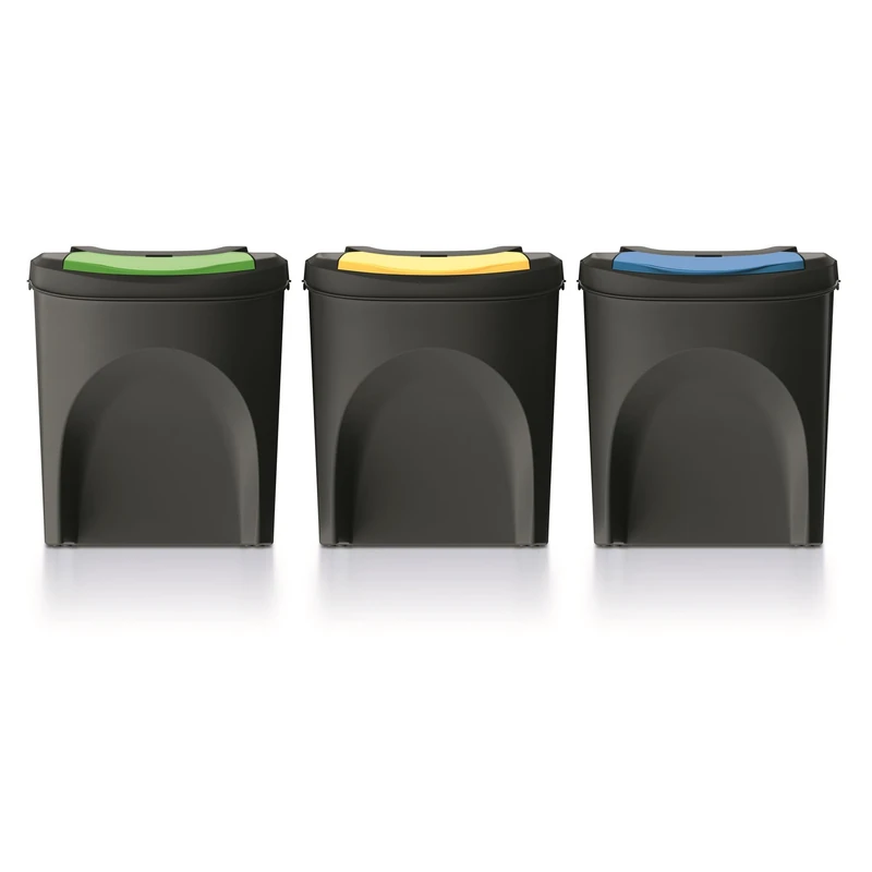 Keden Set of 3 Sortibox Wheelie Bins Made from 100% Recycled Plastic, Black, 75 L