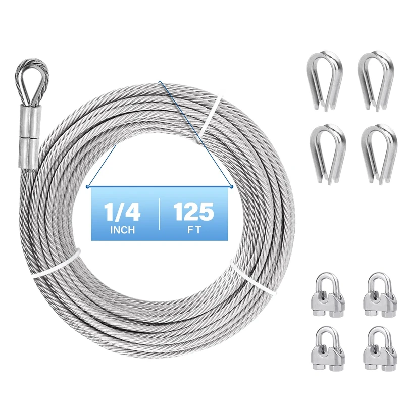 1/4 Stainless Steel Cable, 125ft 304 Stainless Steel Winch Cable for Boat Lifts with Tensile Strength of 6400lbs, 7x19 Strands Wire Rope with Stainless Cable Clamps&Thimble, Perfect for Yard Zipline