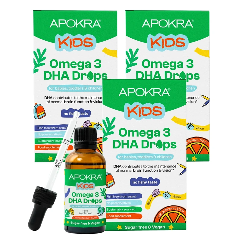 APOKRA Vegan Omega 3 DHA Drops for Kids - 50mL No Fishy Taste