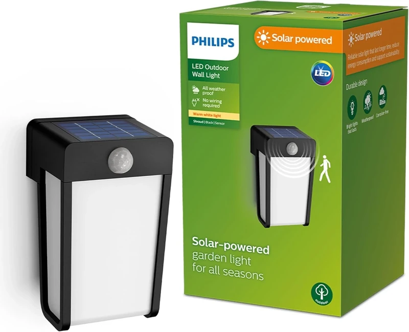 Philips Lighting Shroud Outdoor Solar Wall Light, 2.3W, 2700K, Black, Clear Glass, Motion Sensor, IP44 Weatherproof