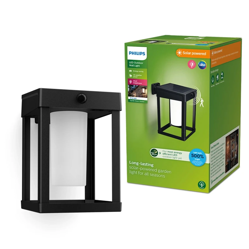 Philips Lighting Camill UltraEfficient Outdoor Solar Wall Light, Square, 1.4W, 3000K, Black, Frosted, Motion Sensor, IP44 Weatherproof