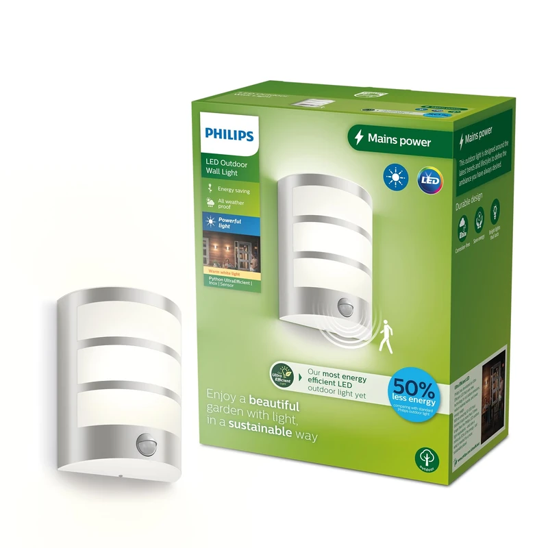 Philips Lighting Python UltraEfficient Outdoor Wall Light, 3.8W, 2700K, Silver, Motion Sensor, IP44 Weatherproof