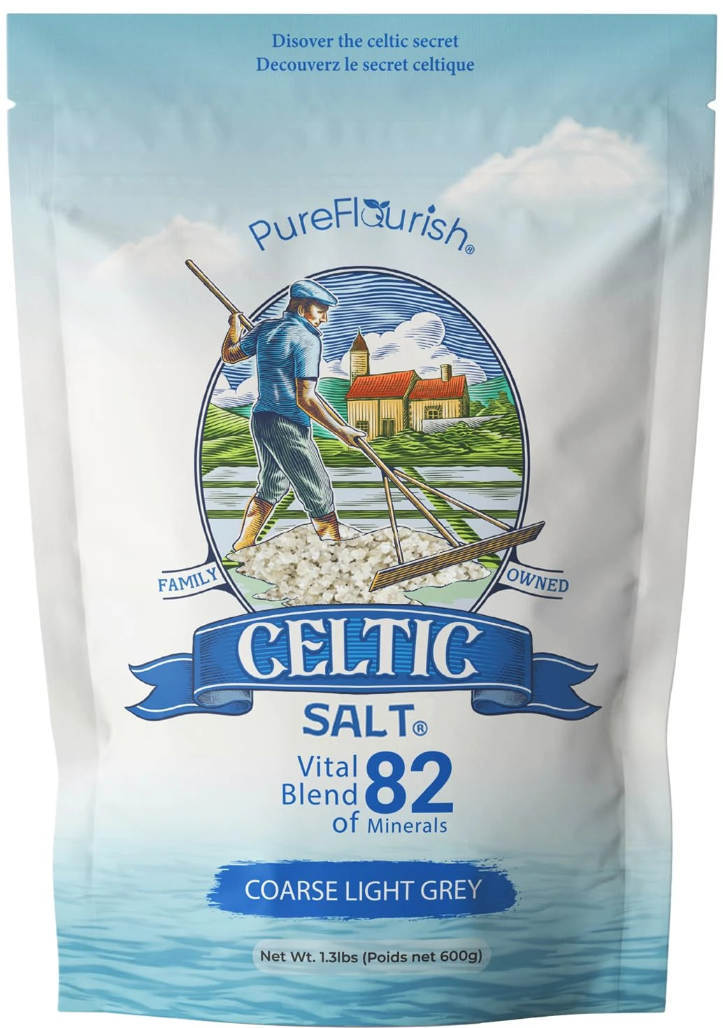 Pure Flourish Celtic Sea Salt - 600g | 100% Organic Unrefined Celtic Salt | Rich in Essential Minerals | Hand Harvested Light Grey Celtic Salt Crystals from France