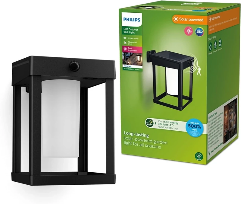 Philips Lighting Camill UltraEfficient Outdoor Solar Wall Light, Square, 1.4W, 3000K, Black, Clear, Motion Sensor, IP44 Weatherproof